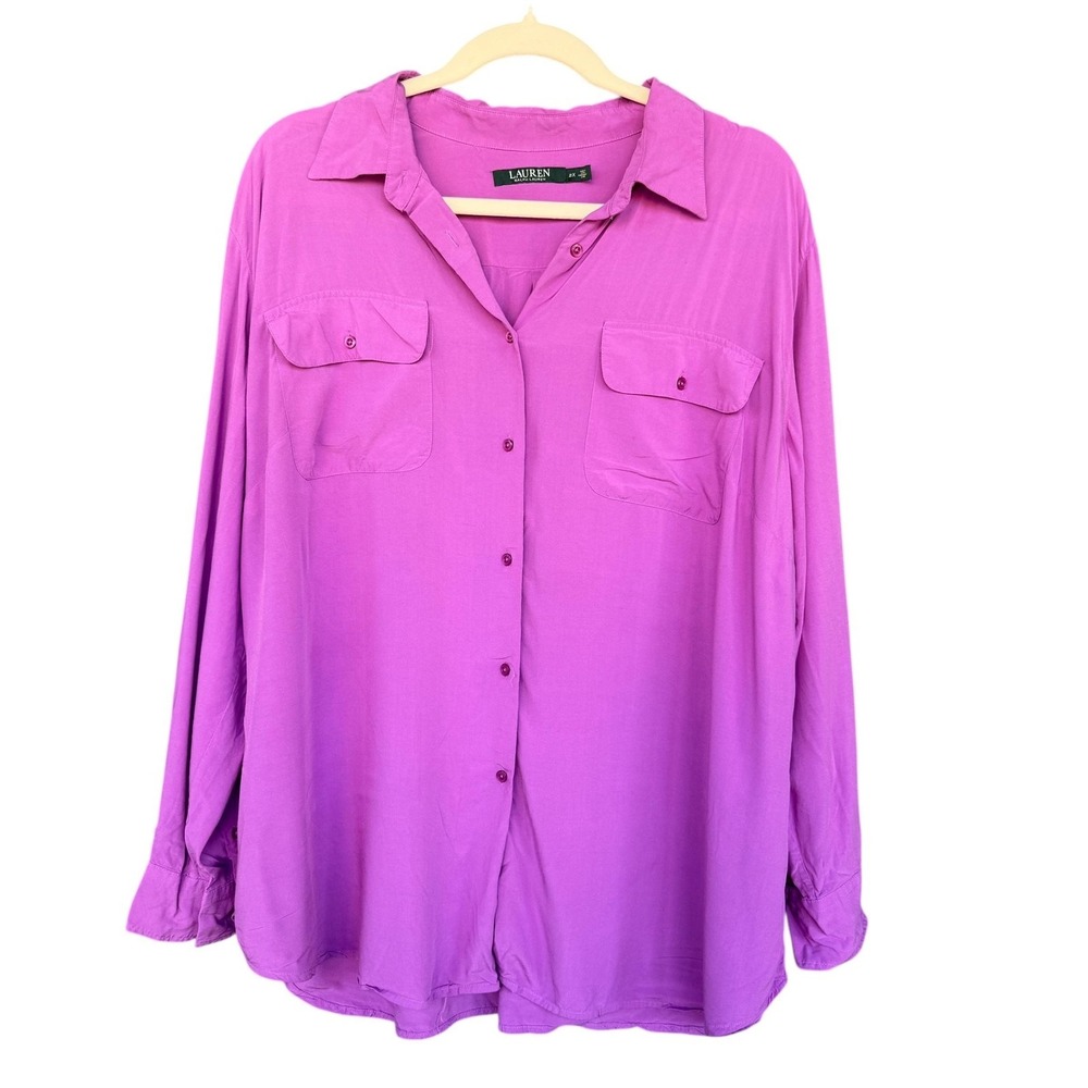 Lauren Ralph Lauren Shirt Womens 2X Purple Solid Button Front Long Sleeve Top